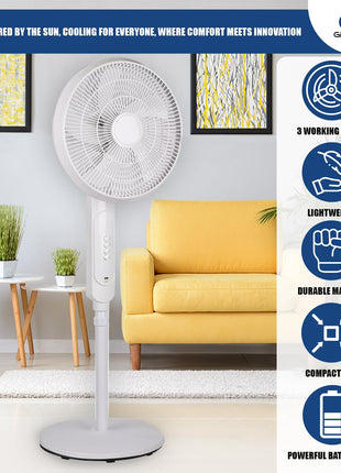 GIGAWATTS HYD-SF818 20W Solar Pedestal Fan Portable and Quiet with High Power Air Delivery 8000mAh Battery (White, 16inch) 