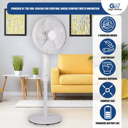 GIGAWATTS HYD-SF818 20W Solar Pedestal Fan Portable and Quiet with High Power Air Delivery 8000mAh Battery (White, 16inch) 
