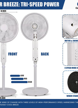 GIGAWATTS HYD-SF818 20W Solar Pedestal Fan Portable and Quiet with High Power Air Delivery 8000mAh Battery (White, 16inch) 