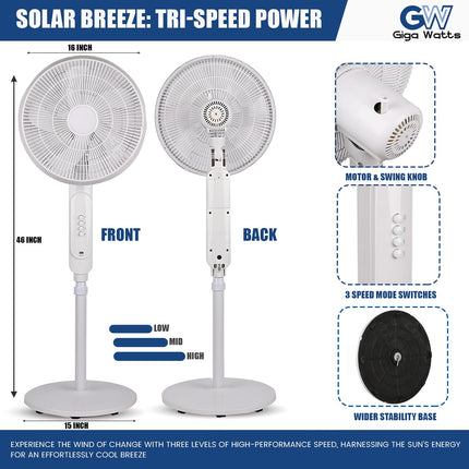 GIGAWATTS HYD-SF818 20W Solar Pedestal Fan Portable and Quiet with High Power Air Delivery 8000mAh Battery (White, 16inch) 