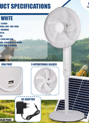GIGAWATTS HYD-SF818 20W Solar Pedestal Fan Portable and Quiet with High Power Air Delivery 8000mAh Battery (White, 16inch) 