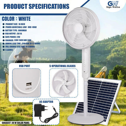 GIGAWATTS HYD-SF818 20W Solar Pedestal Fan Portable and Quiet with High Power Air Delivery 8000mAh Battery (White, 16inch) 