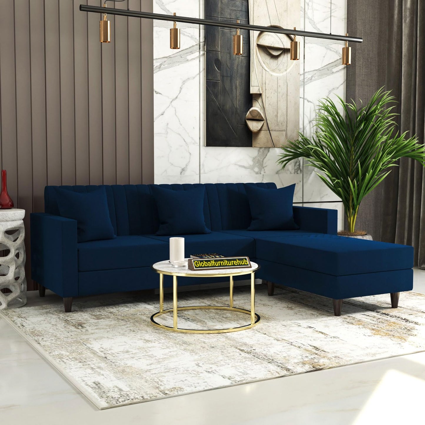 GLOBALFURNITUREHUB Blush- 4 Seater - L Shape Convertible Sofa Set for Living Room Furniture Sets 3 Piece Small Sofa, Modular Sectional Couch for Small Space, Upholstery-Velvet Fabric (Blue) 