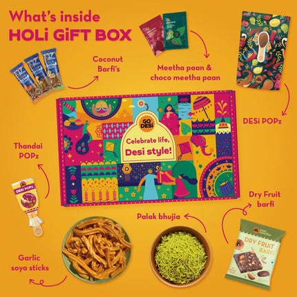 GO DESi Holi Gift Hamper, Permium Holi Gift Box with Desi Popz, Thandai Popz, Sweets and Snacks, Holi Gifts For Family and Friends, Festival Gifting 