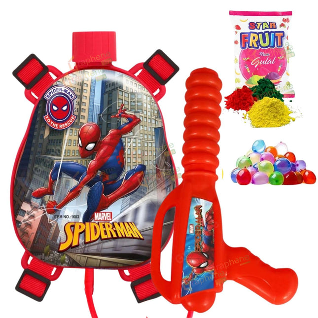 GRAPHENE Red Holi Pichkari Water Gun for Kids 500ml Back Holding Water Tank Pichkari High Pressure 1 Pkt Gulal & 100 Water Balloons Spider Man Water Spray Pistol Gun ISI Approved 
