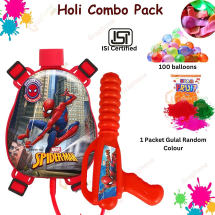 GRAPHENE Red Holi Pichkari Water Gun for Kids 500ml Back Holding Water Tank Pichkari High Pressure 1 Pkt Gulal & 100 Water Balloons Spider Man Water Spray Pistol Gun ISI Approved 