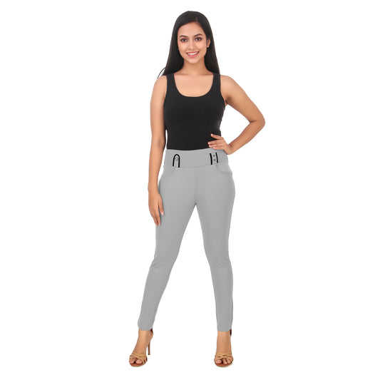 ComfortFit Women's Mid-Waist Jeggings with 2 Front Pockets - Light Grey