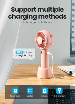 Gaiatop Mini Portable Fan, Powerful Hand Fan Cute Design 3 Speed Personal Small Desk Fan With Base, Lightweight Rechargeable Usb Handheld Fan For Girl, Women, Men, Indoor, Outdoor, 15 Cm, Pink 