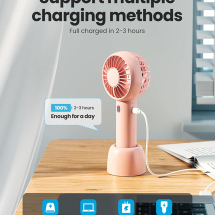 Gaiatop Mini Portable Fan, Powerful Hand Fan Cute Design 3 Speed Personal Small Desk Fan With Base, Lightweight Rechargeable Usb Handheld Fan For Girl, Women, Men, Indoor, Outdoor, 15 Cm, Pink 