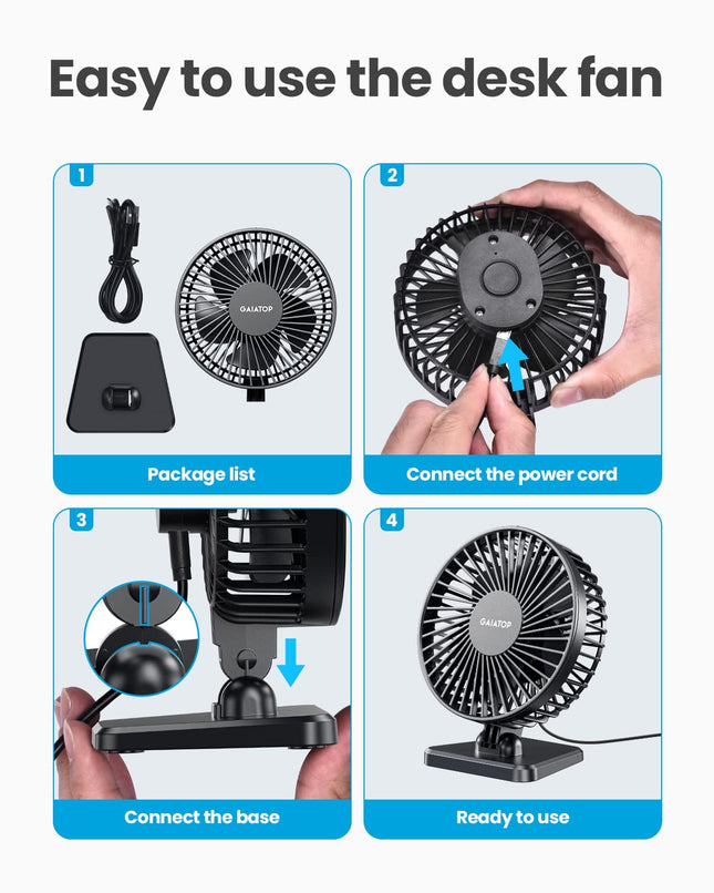 Gaiatop Small Desk Fan, Portable 3 Speeds Wind Mini Desktop Table Cooling Fan in USB Single Button, Adjustment Mini Personal Fan for Home Desktop Office Car Outdoor (Black) 
