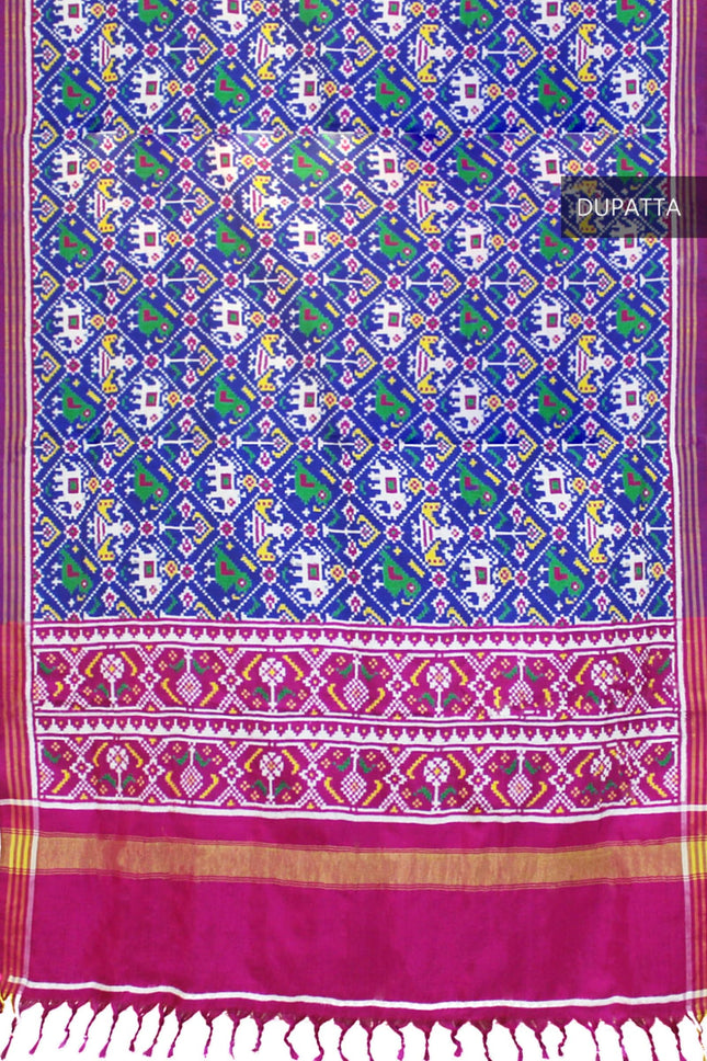 Garvi Gurjari Blue and Magenta Handwoven Double Ikat Silk Dupatta | Handloom Dupatta | Patan Patola | Length 2.5mtr 