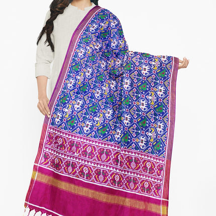 Garvi Gurjari Blue and Magenta Handwoven Double Ikat Silk Dupatta | Handloom Dupatta | Patan Patola | Length 2.5mtr 