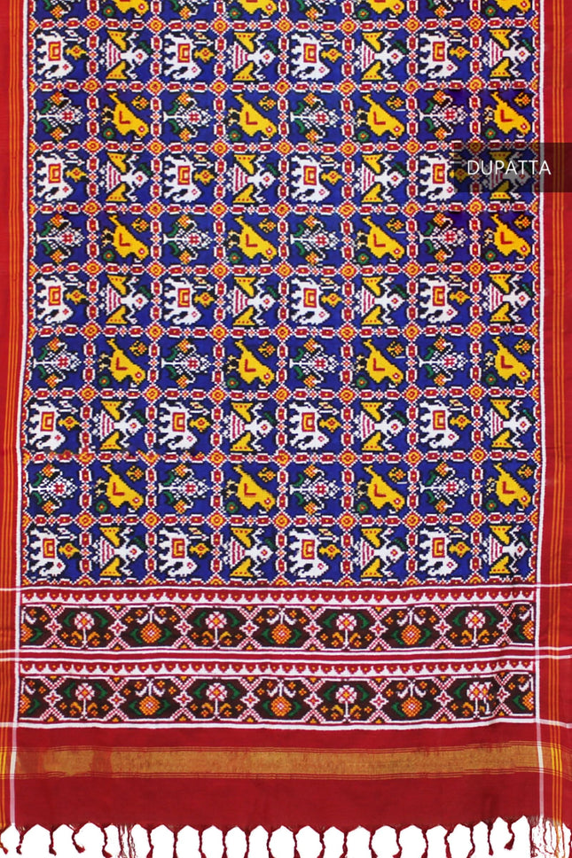 Garvi Gurjari Blue and Red Handwoven Double Ikat Silk Dupatta | Handloom Dupatta | Patan Patola | Length 2.5mtr 
