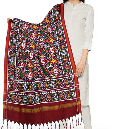 Garvi Gurjari Maroon and Black Handwoven Double Ikat Silk Dupatta 1| Handloom Dupatta1 | Patan Patola | Length 2.5mtr 