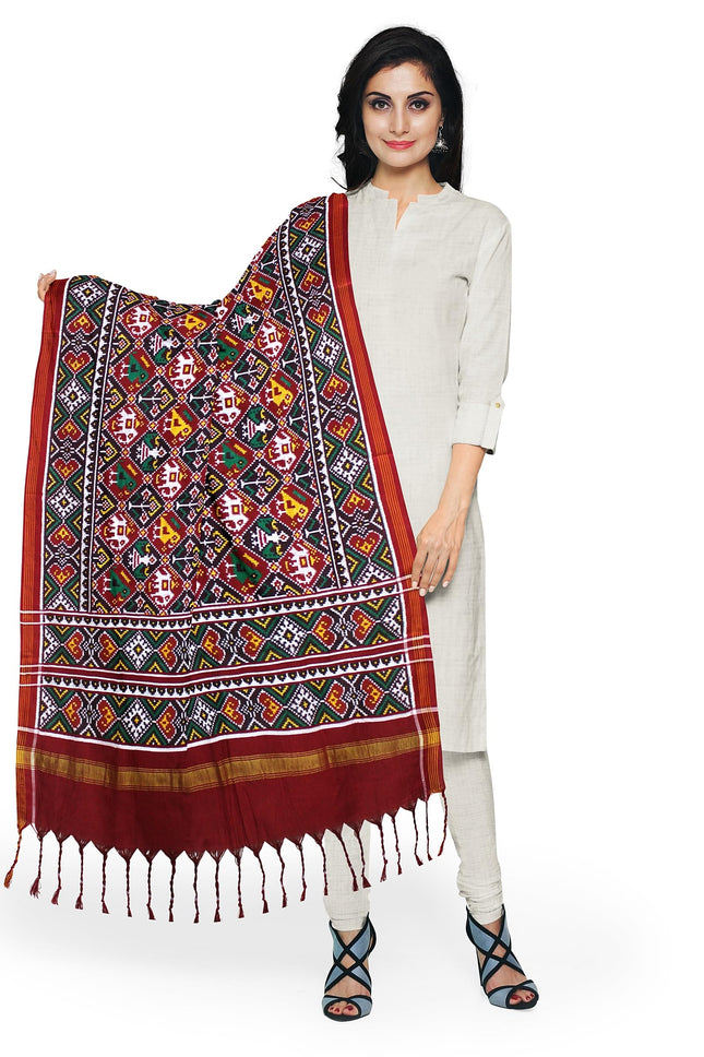 Garvi Gurjari Maroon and Black Handwoven Double Ikat Silk Dupatta 1| Handloom Dupatta1 | Patan Patola | Length 2.5mtr 