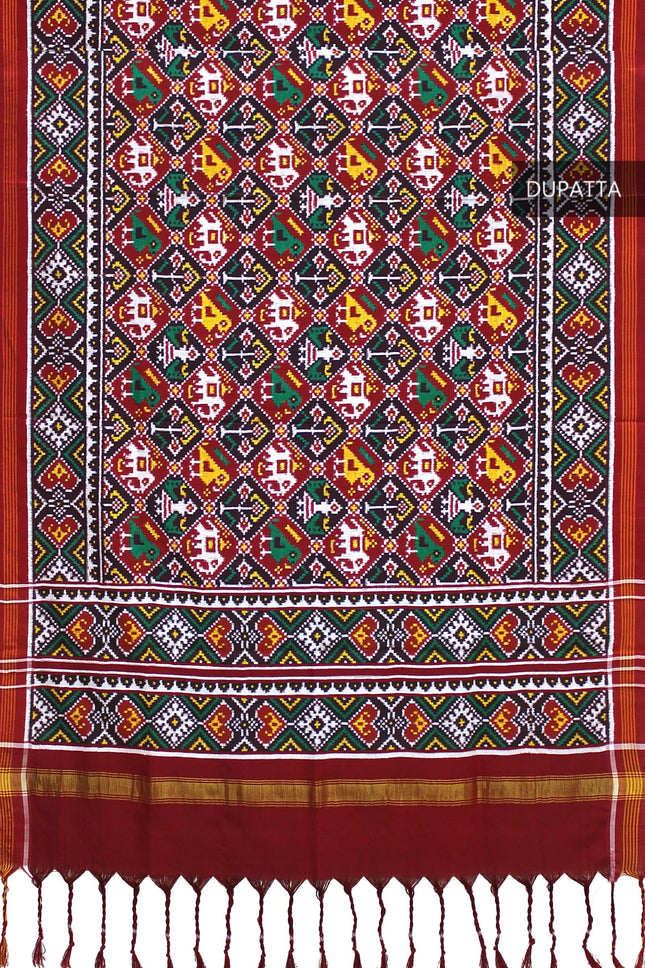 Garvi Gurjari Maroon and Black Handwoven Double Ikat Silk Dupatta 1| Handloom Dupatta1 | Patan Patola | Length 2.5mtr 