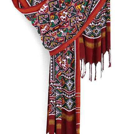 Garvi Gurjari Maroon and Black Handwoven Double Ikat Silk Dupatta 1| Handloom Dupatta1 | Patan Patola | Length 2.5mtr 