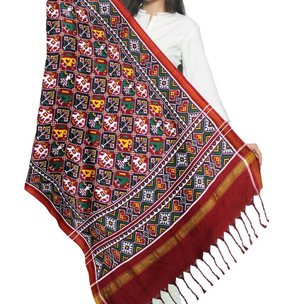 Garvi Gurjari Maroon and Black Handwoven Double Ikat Silk Dupatta 1| Handloom Dupatta1 | Patan Patola | Length 2.5mtr 