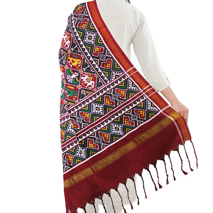 Garvi Gurjari Maroon and Black Handwoven Double Ikat Silk Dupatta 1| Handloom Dupatta1 | Patan Patola | Length 2.5mtr 