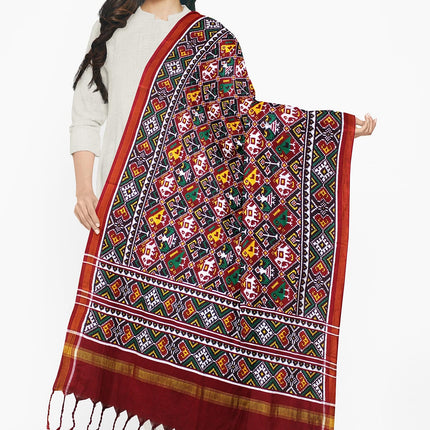 Garvi Gurjari Maroon and Black Handwoven Double Ikat Silk Dupatta 1| Handloom Dupatta1 | Patan Patola | Length 2.5mtr 