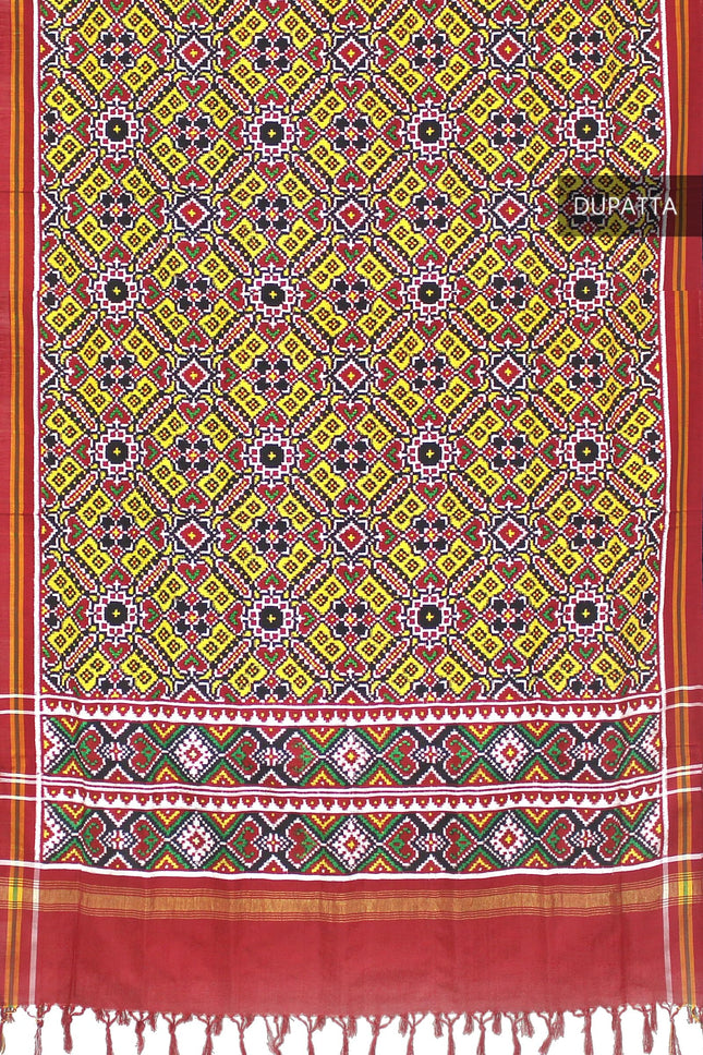 Garvi Gurjari Yellow and Maroon Handwoven Double Ikat Silk Dupatta | Handloom Dupatta | Patan Patola | Length 2.5mtr 