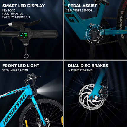 Geekay ETX 26T Hybrid Electric Cycle with Dual Disc Brakes | Front LED Light & Horn, 7.8 Ah Non-Removable Li-Ion Battery, 250W BLDC Hub Motor with 2 Year Warranty on Battery & Motor - Electric Blue 