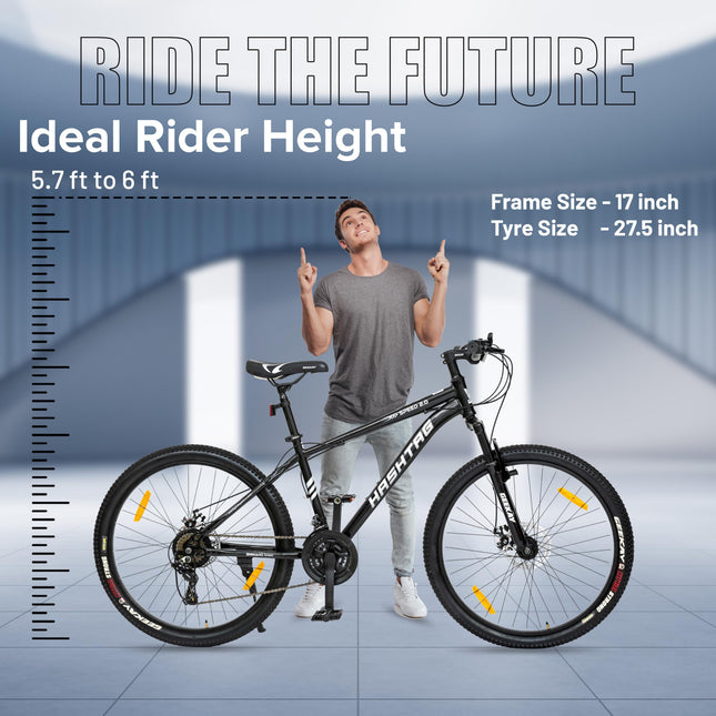 Geekay Speed 2.0 Multispeed 26T Mountain Bike for Men with 21 Speed Gears, 17 Inches Steel Frame, Front Suspension and Dual Disc Brakes, Ideal Rider Age 10+ Years - Matt Black 