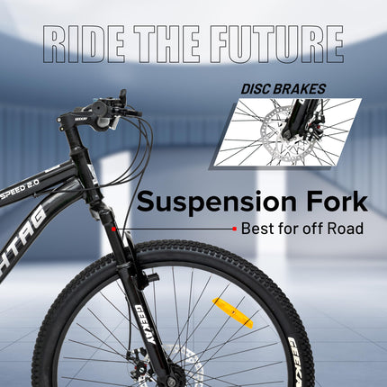 Geekay Speed 2.0 Multispeed 26T Mountain Bike for Men with 21 Speed Gears, 17 Inches Steel Frame, Front Suspension and Dual Disc Brakes, Ideal Rider Age 10+ Years - Matt Black 