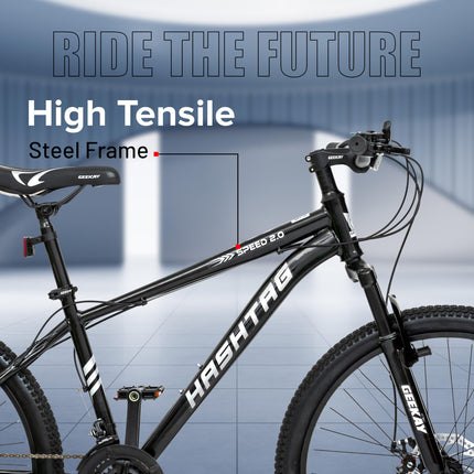 Geekay Speed 2.0 Multispeed 26T Mountain Bike for Men with 21 Speed Gears, 17 Inches Steel Frame, Front Suspension and Dual Disc Brakes, Ideal Rider Age 10+ Years - Matt Black 