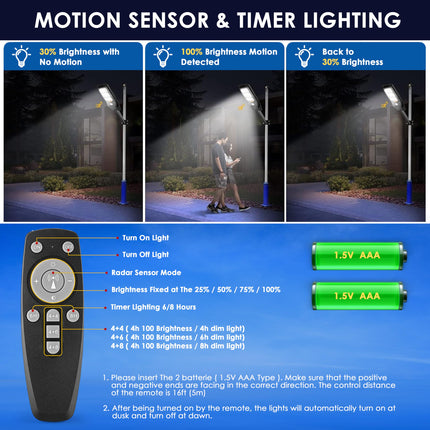 Gesto 180W Solar Street Light Outdoor with Motion Sensor, Remote & Pole | 432 LEDs, 2800 Lumens, 3 Modes, 8000mAh Battery, IP44 Waterproof, Dusk to Dawn Solar Lamp for Home, Wall, Pathway, Garden,Yard 