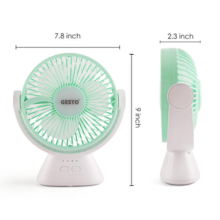 Gesto 6 Inch Rechargeable Table Fan with LED Light – High-Speed Noiseless Portable Fan With 3 Speed Modes | 2400mAh Battery Up to 8 Hours Runtime USB Charging Fan for Home, Office, Kitchen (Green) 