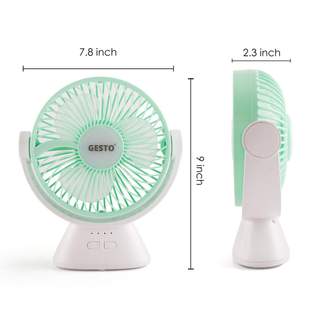 Gesto 6 Inch Rechargeable Table Fan with LED Light – High-Speed Noiseless Portable Fan With 3 Speed Modes | 2400mAh Battery Up to 8 Hours Runtime USB Charging Fan for Home, Office, Kitchen (Green) 