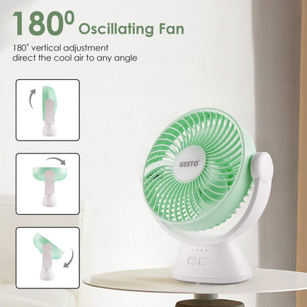 Gesto 6 Inch Rechargeable Table Fan with LED Light – High-Speed Noiseless Portable Fan With 3 Speed Modes | 2400mAh Battery Up to 8 Hours Runtime USB Charging Fan for Home, Office, Kitchen (Green) 