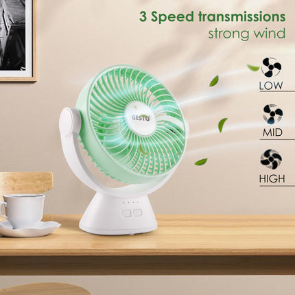Gesto 6 Inch Rechargeable Table Fan with LED Light – High-Speed Noiseless Portable Fan With 3 Speed Modes | 2400mAh Battery Up to 8 Hours Runtime USB Charging Fan for Home, Office, Kitchen (Green) 