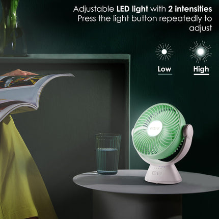 Gesto 6 Inch Rechargeable Table Fan with LED Light – High-Speed Noiseless Portable Fan With 3 Speed Modes | 2400mAh Battery Up to 8 Hours Runtime USB Charging Fan for Home, Office, Kitchen (Green) 