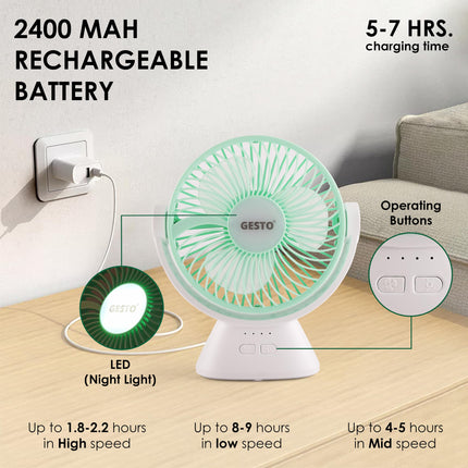 Gesto 6 Inch Rechargeable Table Fan with LED Light – High-Speed Noiseless Portable Fan With 3 Speed Modes | 2400mAh Battery Up to 8 Hours Runtime USB Charging Fan for Home, Office, Kitchen (Green) 