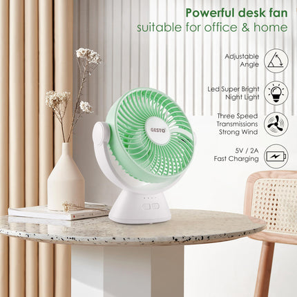 Gesto 6 Inch Rechargeable Table Fan with LED Light – High-Speed Noiseless Portable Fan With 3 Speed Modes | 2400mAh Battery Up to 8 Hours Runtime USB Charging Fan for Home, Office, Kitchen (Green) 