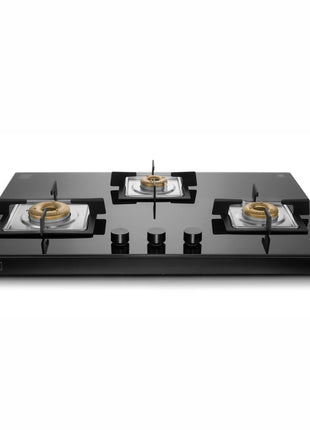 Glen 3 Burner Ultra Slim Auto Ignition Free Standing Hob | 8 MM Toughened Glass | Black | Forged brass burners | Warranty 2 Years Standard | (BH1073USBL75) 