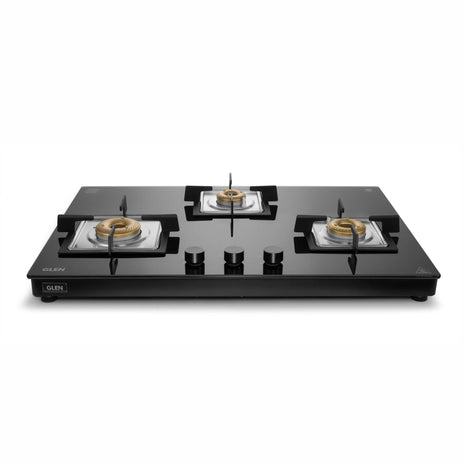 Glen 3 Burner Ultra Slim Auto Ignition Free Standing Hob | 8 MM Toughened Glass | Black | Forged brass burners | Warranty 2 Years Standard | (BH1073USBL75) 