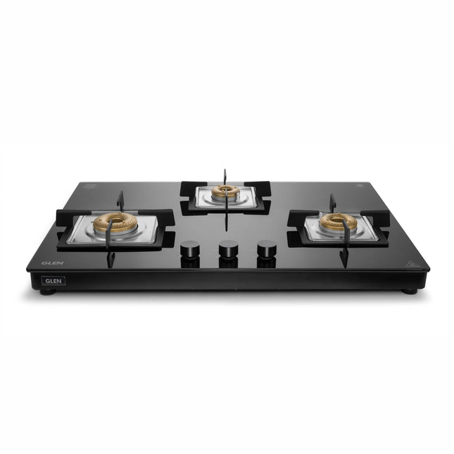 Glen 3 Burner Ultra Slim Auto Ignition Free Standing Hob | 8 MM Toughened Glass | Black | Forged brass burners | Warranty 2 Years Standard | (BH1073USBL75) 