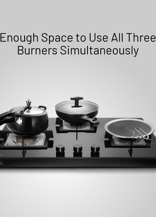 Glen 3 Burner Ultra Slim Auto Ignition Free Standing Hob | 8 MM Toughened Glass | Black | Forged brass burners | Warranty 2 Years Standard | (BH1073USBL75) 