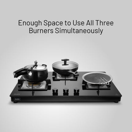 Glen 3 Burner Ultra Slim Auto Ignition Free Standing Hob | 8 MM Toughened Glass | Black | Forged brass burners | Warranty 2 Years Standard | (BH1073USBL75) 