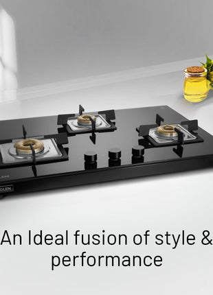 Glen 3 Burner Ultra Slim Auto Ignition Free Standing Hob | 8 MM Toughened Glass | Black | Forged brass burners | Warranty 2 Years Standard | (BH1073USBL75) 