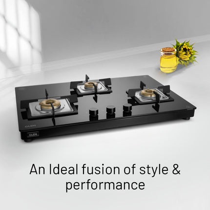 Glen 3 Burner Ultra Slim Auto Ignition Free Standing Hob | 8 MM Toughened Glass | Black | Forged brass burners | Warranty 2 Years Standard | (BH1073USBL75) 