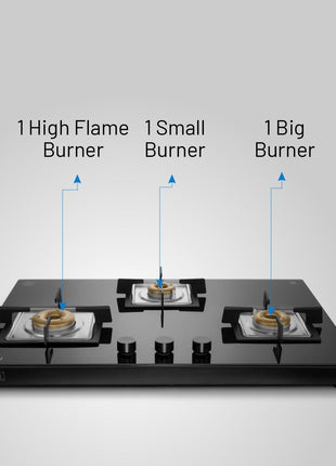 Glen 3 Burner Ultra Slim Auto Ignition Free Standing Hob | 8 MM Toughened Glass | Black | Forged brass burners | Warranty 2 Years Standard | (BH1073USBL75) 