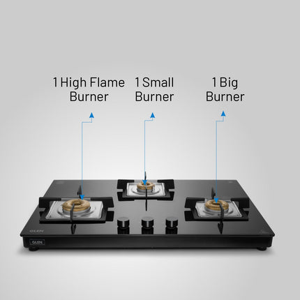 Glen 3 Burner Ultra Slim Auto Ignition Free Standing Hob | 8 MM Toughened Glass | Black | Forged brass burners | Warranty 2 Years Standard | (BH1073USBL75) 