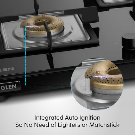 Glen 3 Burner Ultra Slim Auto Ignition Free Standing Hob | 8 MM Toughened Glass | Black | Forged brass burners | Warranty 2 Years Standard | (BH1073USBL75) 