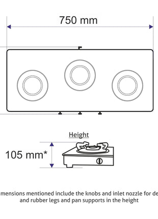 Glen 3 Burner Ultra Slim Auto Ignition Free Standing Hob | 8 MM Toughened Glass | Black | Forged brass burners | Warranty 2 Years Standard | (BH1073USBL75) 