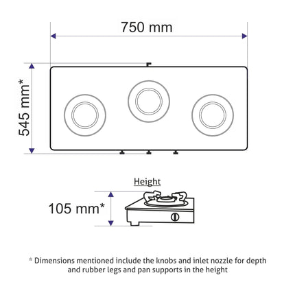 Glen 3 Burner Ultra Slim Auto Ignition Free Standing Hob | 8 MM Toughened Glass | Black | Forged brass burners | Warranty 2 Years Standard | (BH1073USBL75) 