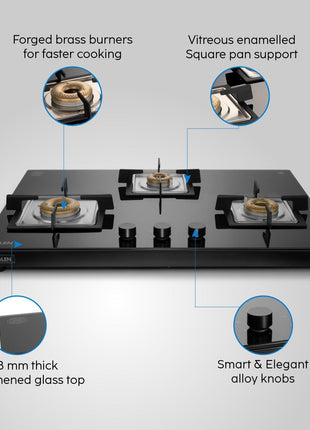 Glen 3 Burner Ultra Slim Auto Ignition Free Standing Hob | 8 MM Toughened Glass | Black | Forged brass burners | Warranty 2 Years Standard | (BH1073USBL75) 